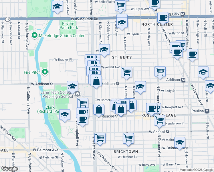 map of restaurants, bars, coffee shops, grocery stores, and more near 3535 North Oakley Avenue in Chicago