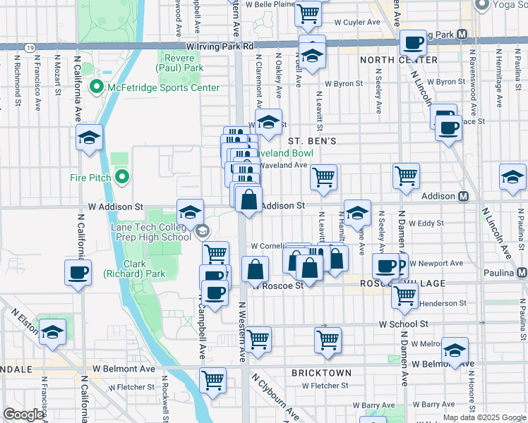 map of restaurants, bars, coffee shops, grocery stores, and more near 3539 North Claremont Avenue in Chicago
