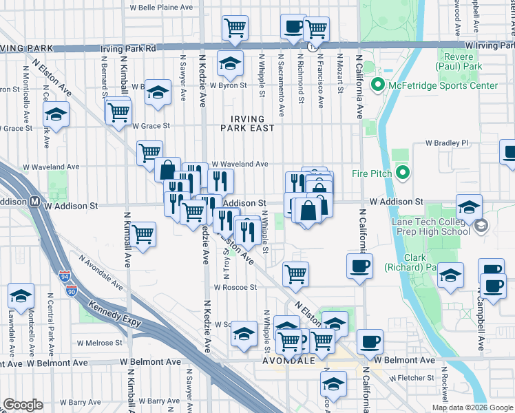 map of restaurants, bars, coffee shops, grocery stores, and more near 3543 North Albany Avenue in Chicago