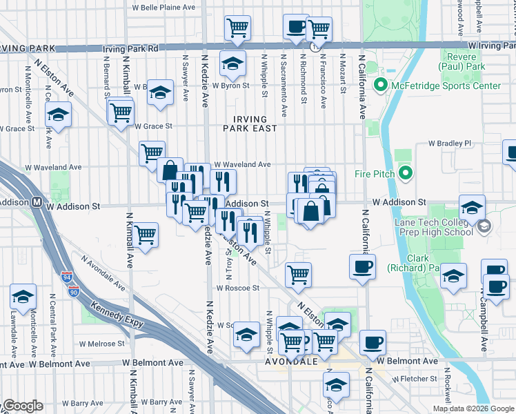 map of restaurants, bars, coffee shops, grocery stores, and more near 3543 North Albany Avenue in Chicago