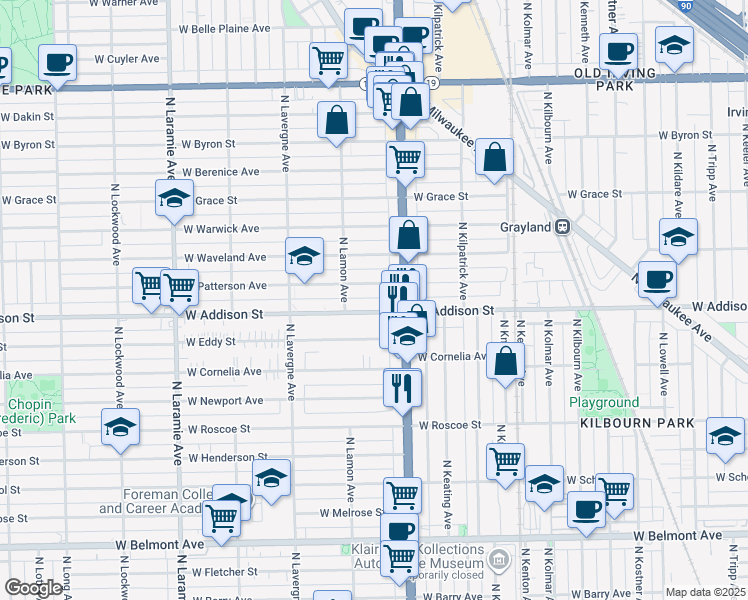 map of restaurants, bars, coffee shops, grocery stores, and more near 4839 West Addison Street in Chicago
