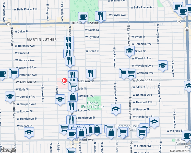 map of restaurants, bars, coffee shops, grocery stores, and more near 5400 West Addison Street in Chicago