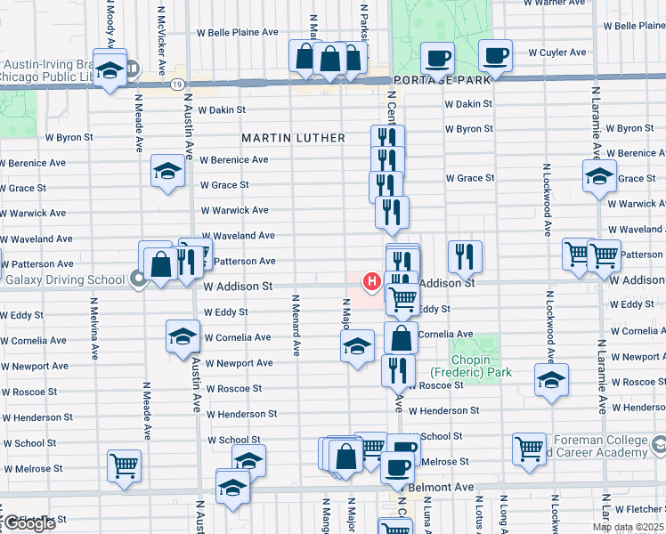 map of restaurants, bars, coffee shops, grocery stores, and more near 5704 West Addison Street in Chicago