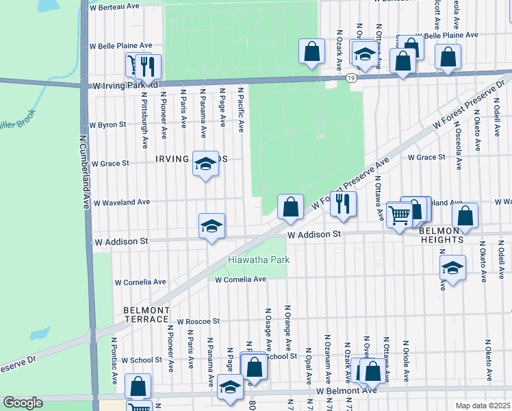 map of restaurants, bars, coffee shops, grocery stores, and more near 3631 North Pacific Avenue in Chicago