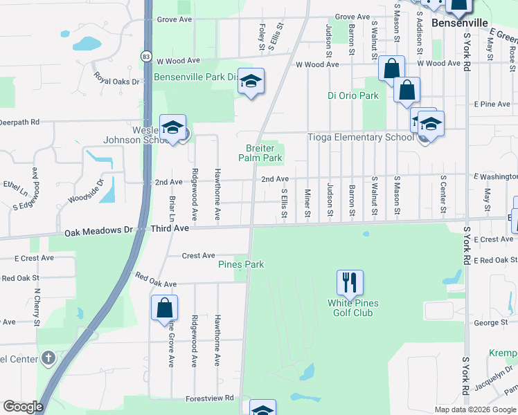 map of restaurants, bars, coffee shops, grocery stores, and more near 4N579 Church Road in Bensenville