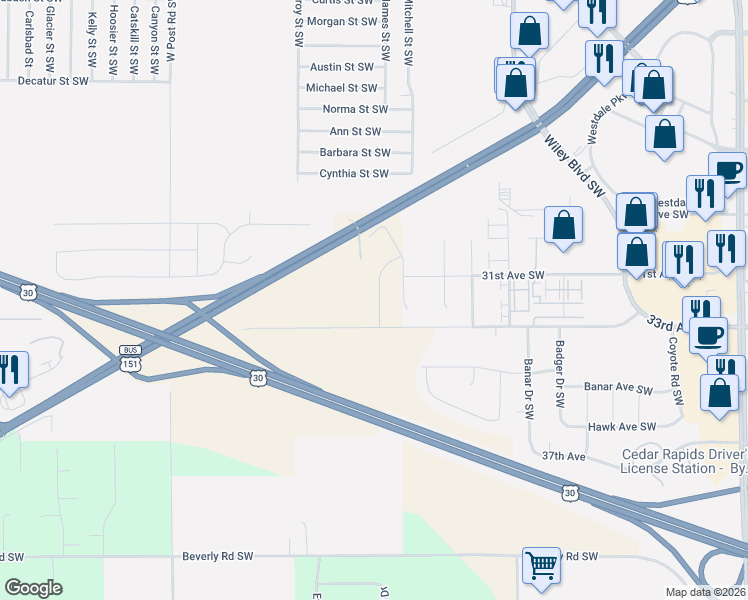 map of restaurants, bars, coffee shops, grocery stores, and more near 4274-5298 33rd Avenue Southwest in Cedar Rapids