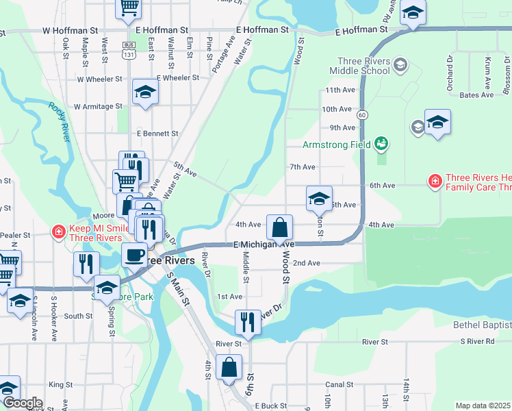 map of restaurants, bars, coffee shops, grocery stores, and more near 210 5th Avenue in Three Rivers