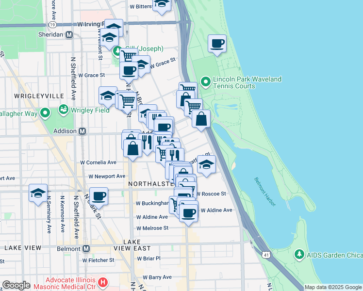map of restaurants, bars, coffee shops, grocery stores, and more near 625 West Cornelia Avenue in Chicago