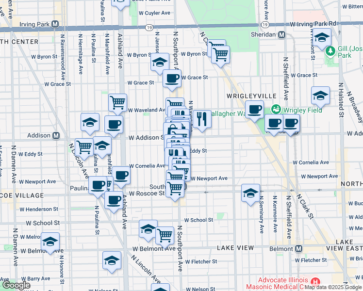 map of restaurants, bars, coffee shops, grocery stores, and more near 1333 West Eddy Street in Chicago
