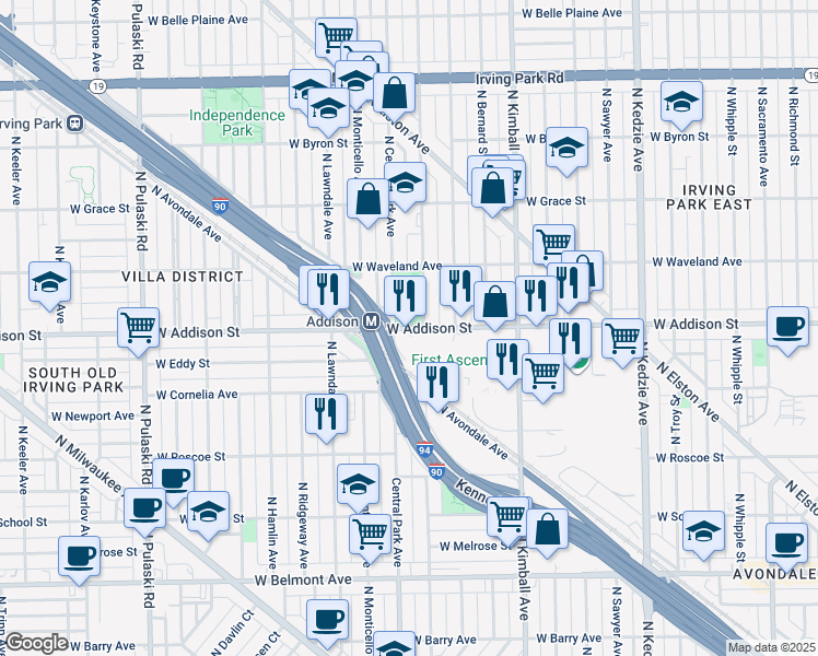map of restaurants, bars, coffee shops, grocery stores, and more near 3548 West Addison Street in Chicago
