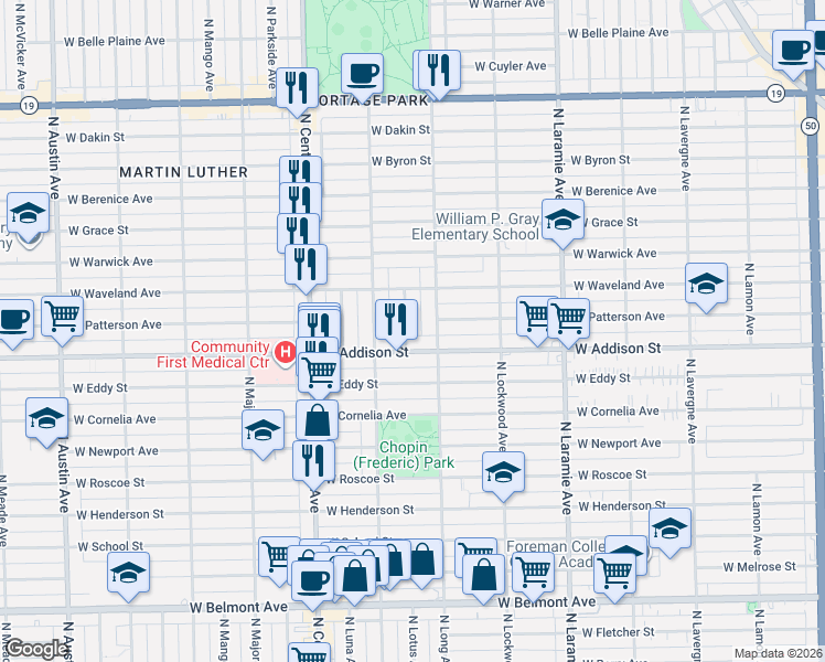 map of restaurants, bars, coffee shops, grocery stores, and more near 5444 West Addison Street in Chicago