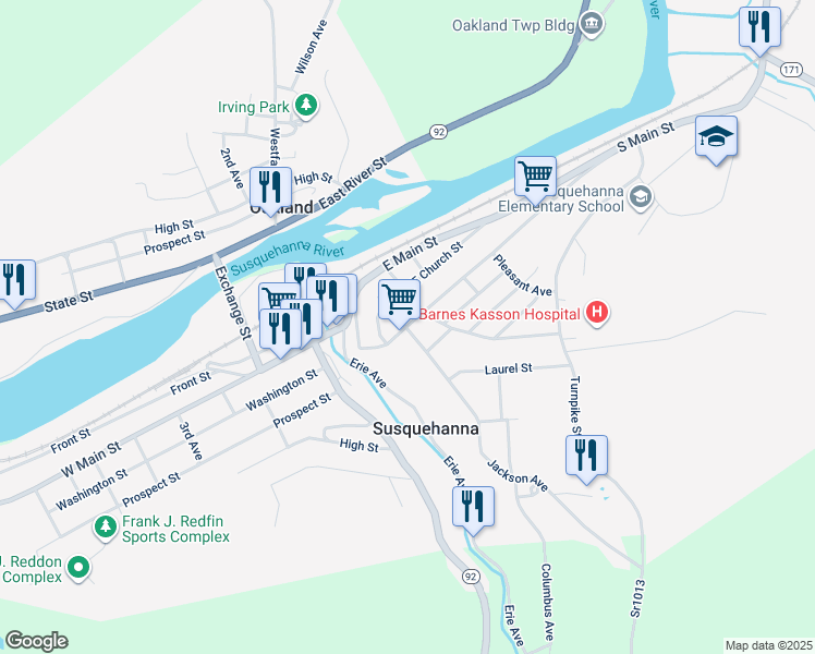 map of restaurants, bars, coffee shops, grocery stores, and more near 212 Grand Street in Susquehanna