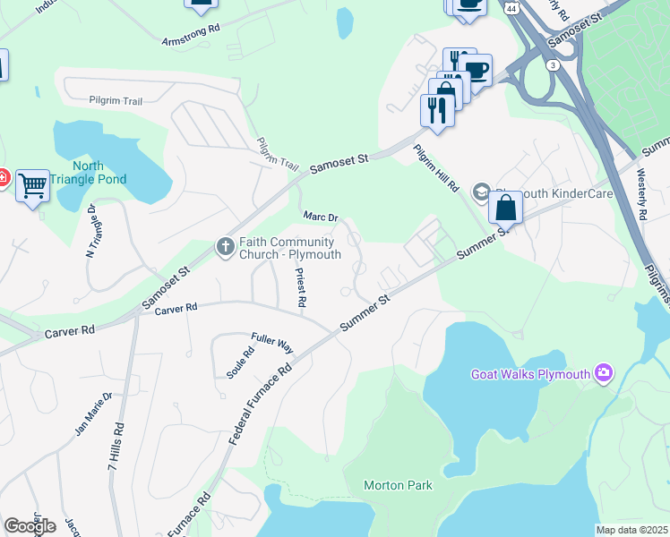 map of restaurants, bars, coffee shops, grocery stores, and more near 5 Marc Drive in Plymouth