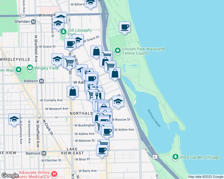 map of restaurants, bars, coffee shops, grocery stores, and more near 536 West Stratford Place in Chicago