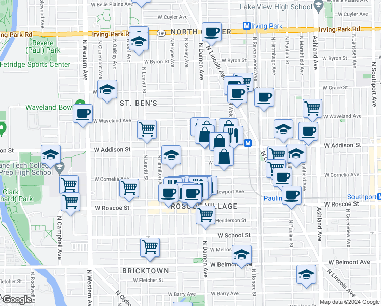 map of restaurants, bars, coffee shops, grocery stores, and more near 3533 North Seeley Avenue in Chicago