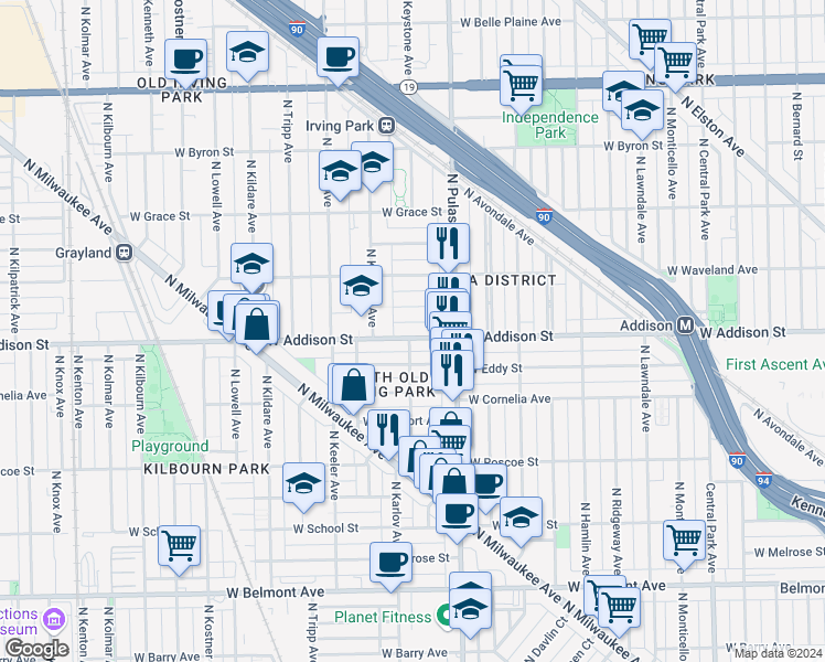 map of restaurants, bars, coffee shops, grocery stores, and more near 4042 West Addison Street in Chicago