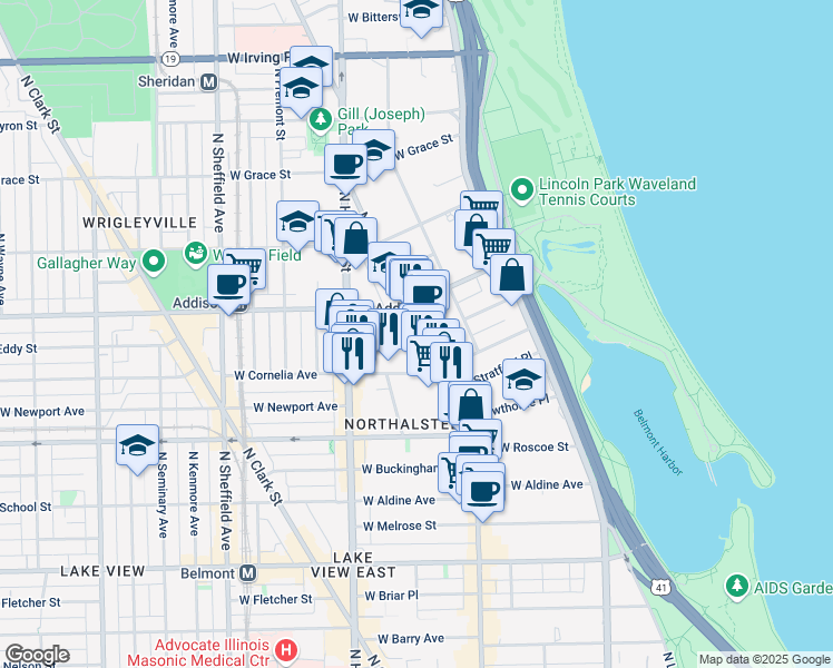map of restaurants, bars, coffee shops, grocery stores, and more near North Broadway & W Brompton Ave in Chicago