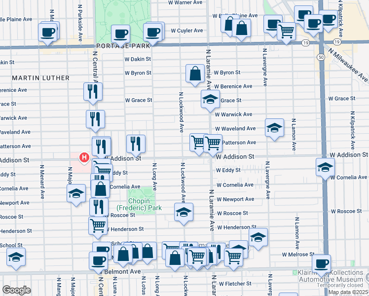 map of restaurants, bars, coffee shops, grocery stores, and more near 5253 West Addison Street in Chicago