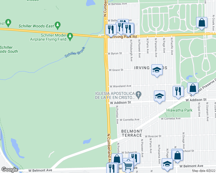 map of restaurants, bars, coffee shops, grocery stores, and more near 9972 West Waveland Avenue in Chicago