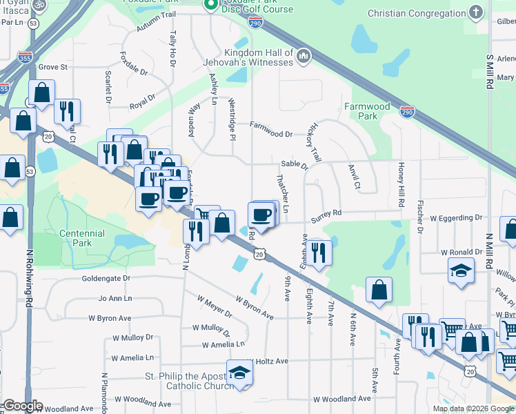 map of restaurants, bars, coffee shops, grocery stores, and more near 1216 Surrey Road in Addison