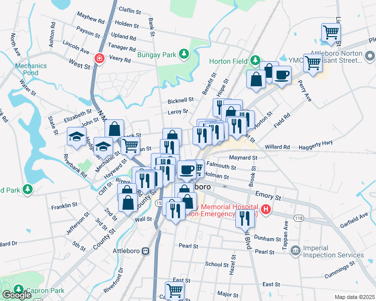 map of restaurants, bars, coffee shops, grocery stores, and more near 24 Perrin Street in Attleboro