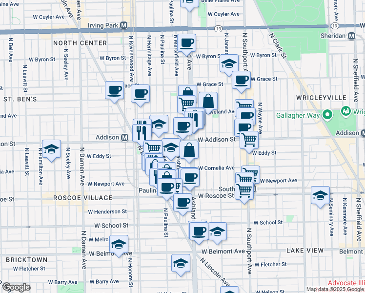 map of restaurants, bars, coffee shops, grocery stores, and more near 3528 North Ashland Avenue in Chicago