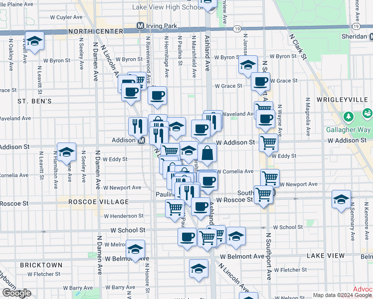 map of restaurants, bars, coffee shops, grocery stores, and more near 3524 North Marshfield Avenue in Chicago