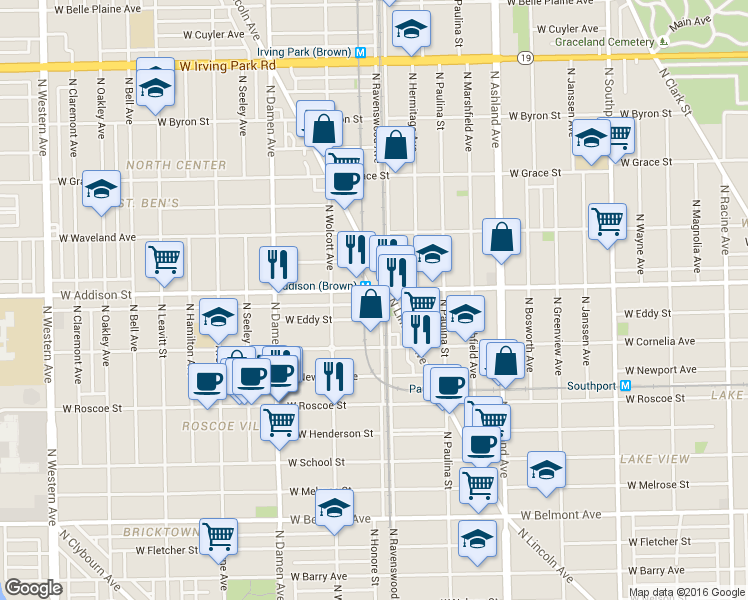 map of restaurants, bars, coffee shops, grocery stores, and more near 182 West Eddy Street in Chicago