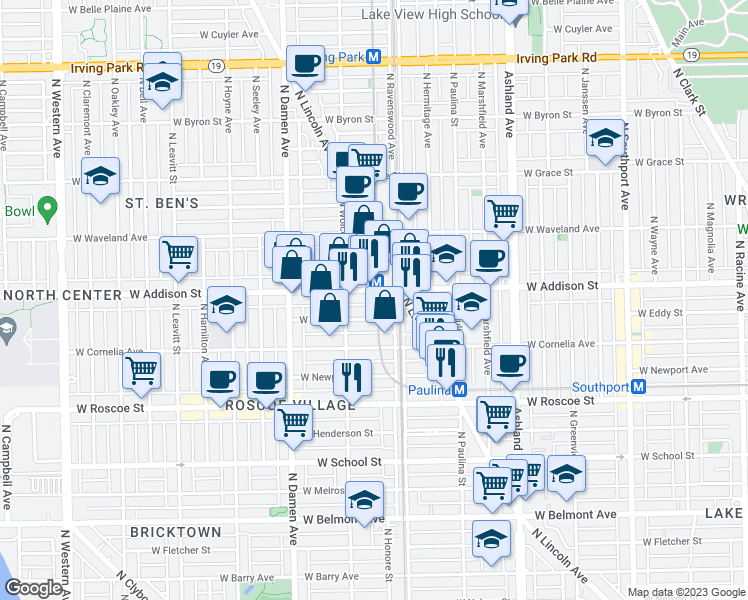 map of restaurants, bars, coffee shops, grocery stores, and more near 182 West Eddy Street in Chicago