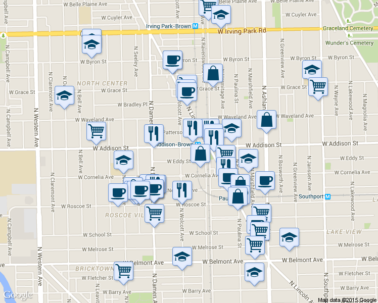 map of restaurants, bars, coffee shops, grocery stores, and more near 182 West Eddy Street in Chicago