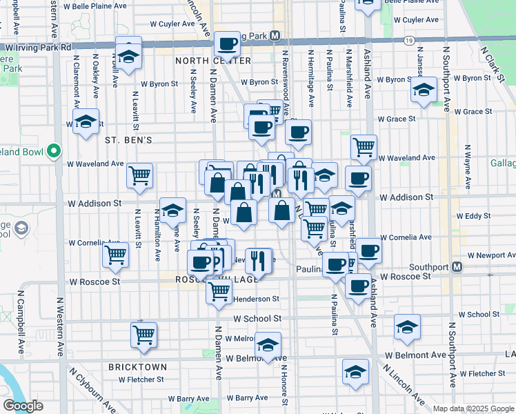map of restaurants, bars, coffee shops, grocery stores, and more near 3534 North Wolcott Avenue in Chicago