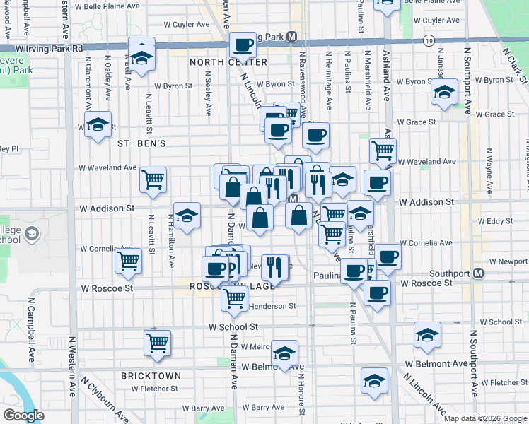map of restaurants, bars, coffee shops, grocery stores, and more near 3534 North Wolcott Avenue in Chicago