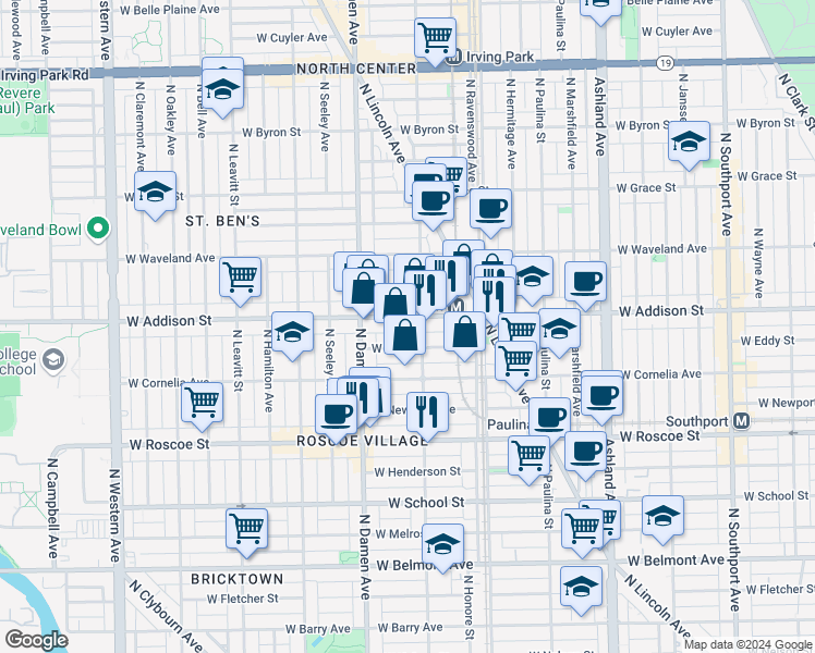 map of restaurants, bars, coffee shops, grocery stores, and more near 3534 North Wolcott Avenue in Chicago