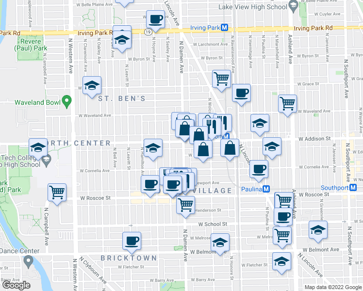 map of restaurants, bars, coffee shops, grocery stores, and more near 1942 West Eddy Street in Chicago