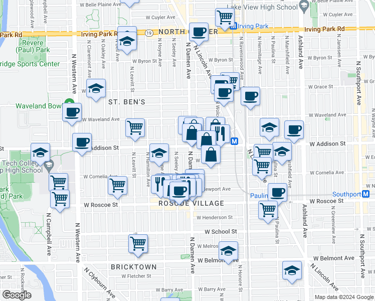 map of restaurants, bars, coffee shops, grocery stores, and more near 3533 North Seeley Avenue in Chicago