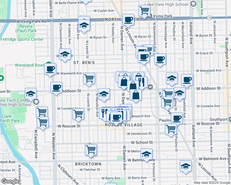 map of restaurants, bars, coffee shops, grocery stores, and more near 3533 North Seeley Avenue in Chicago