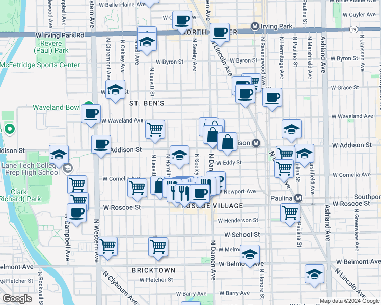 map of restaurants, bars, coffee shops, grocery stores, and more near 3528 North Hoyne Avenue in Chicago