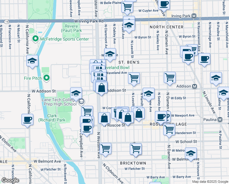 map of restaurants, bars, coffee shops, grocery stores, and more near 3535 North Oakley Avenue in Chicago