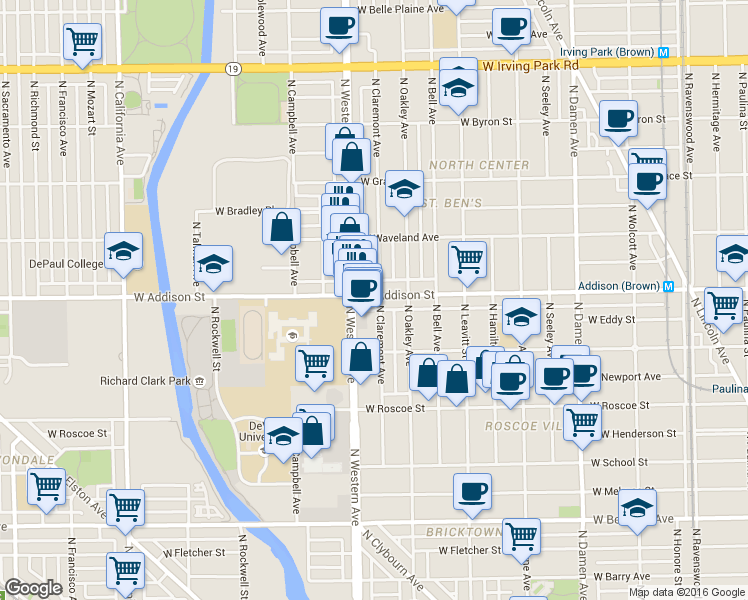 map of restaurants, bars, coffee shops, grocery stores, and more near 3539 North Claremont Avenue in Chicago