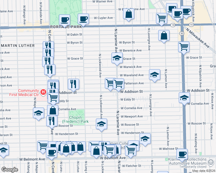 map of restaurants, bars, coffee shops, grocery stores, and more near 5253 West Addison Street in Chicago