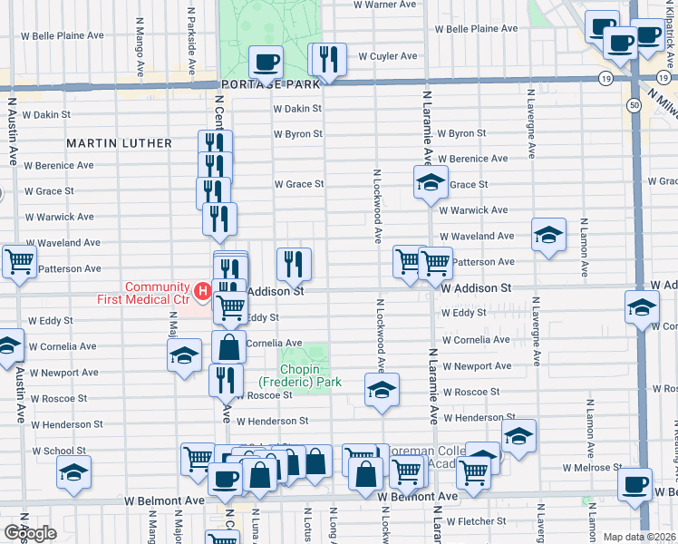 map of restaurants, bars, coffee shops, grocery stores, and more near 5400 West Addison Street in Chicago