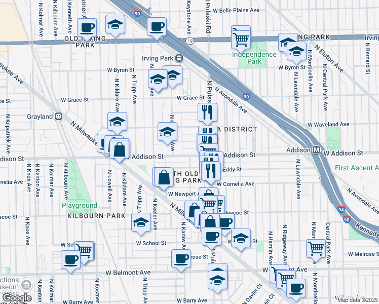 map of restaurants, bars, coffee shops, grocery stores, and more near 4039 West Addison Street in Chicago