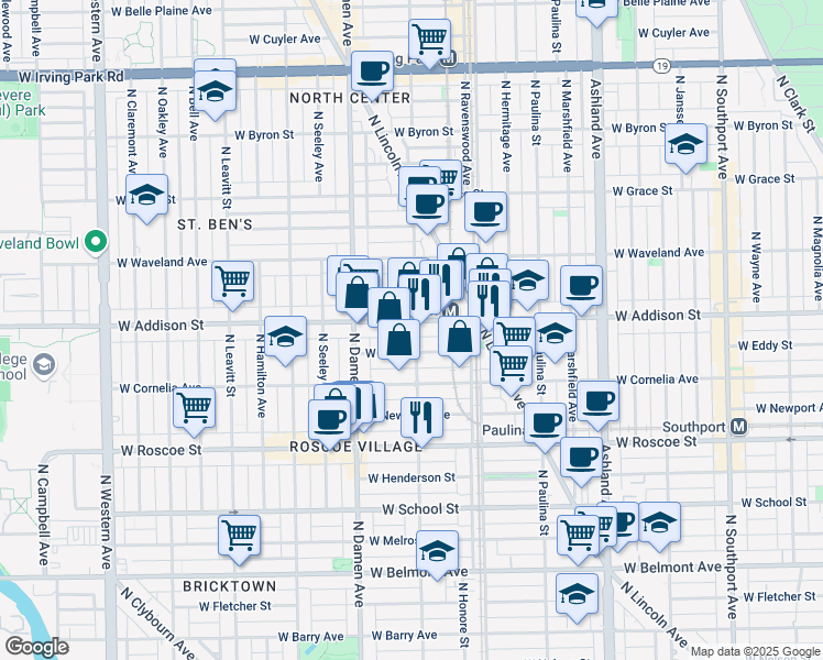 map of restaurants, bars, coffee shops, grocery stores, and more near 1901 West Addison Street in Chicago