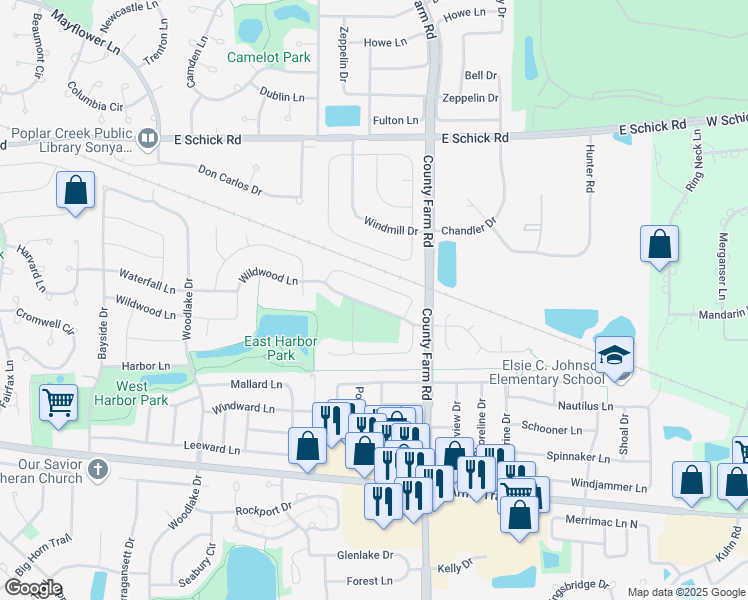 map of restaurants, bars, coffee shops, grocery stores, and more near 1890 Wildwood Lane in Hanover Park