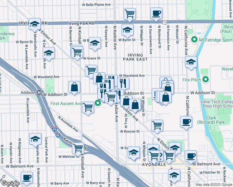 map of restaurants, bars, coffee shops, grocery stores, and more near W Addison St & N Kedzie Ave in Chicago