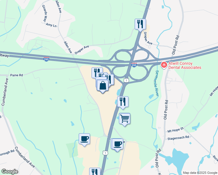 map of restaurants, bars, coffee shops, grocery stores, and more near 1019 South Washington Street in North Attleborough