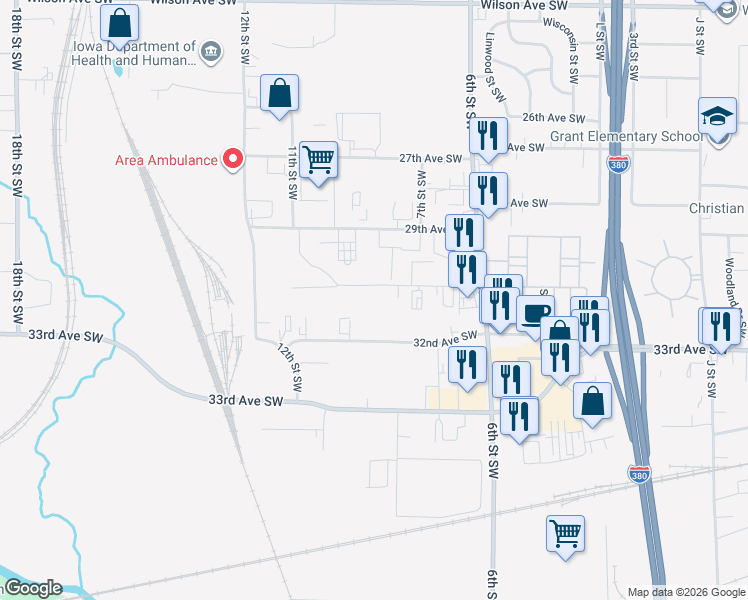 map of restaurants, bars, coffee shops, grocery stores, and more near 845 31st Avenue Southwest in Cedar Rapids