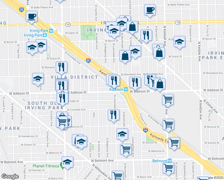 map of restaurants, bars, coffee shops, grocery stores, and more near 3700 West Addison Street in Chicago