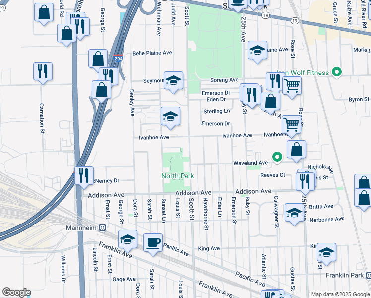 map of restaurants, bars, coffee shops, grocery stores, and more near 3654 Scott Street in Franklin Park