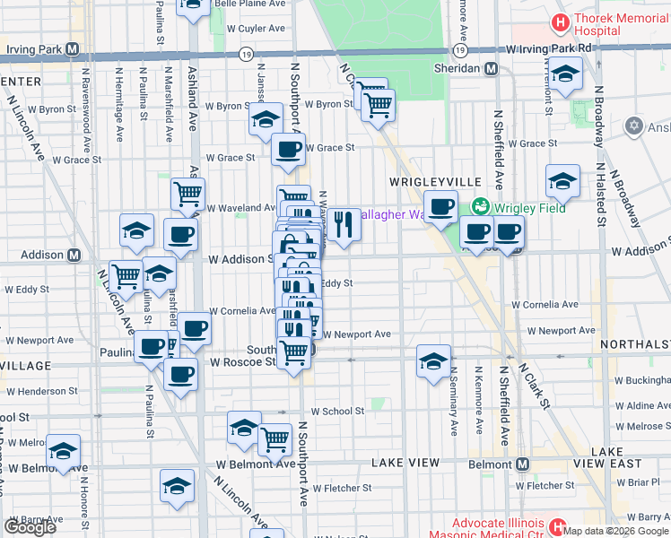 map of restaurants, bars, coffee shops, grocery stores, and more near 1315 West Addison Street in Chicago